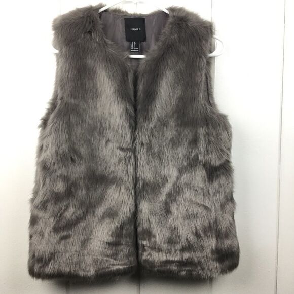 Forever 21 Gray Faux Fur Hook Front Vest S - Picture 1 of 9